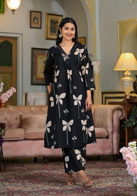 Black Embroidery Cotton Co Ord Set