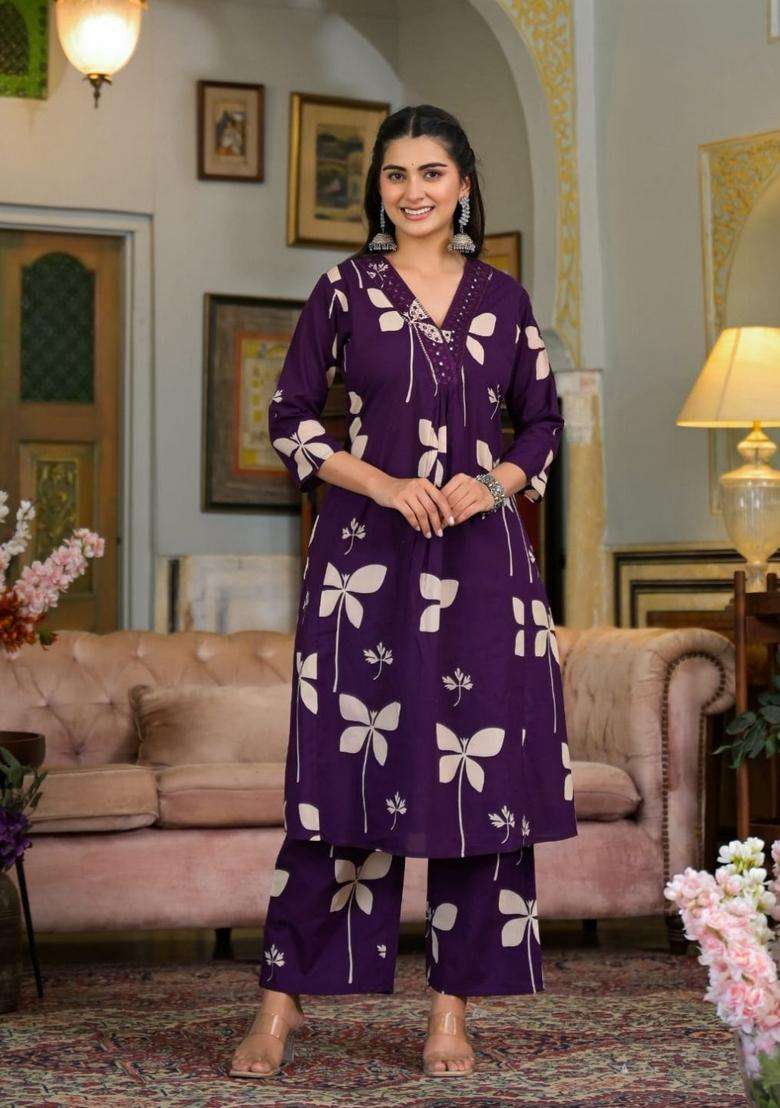Violet Embroidery Cotton Co Ord Set - Indya
