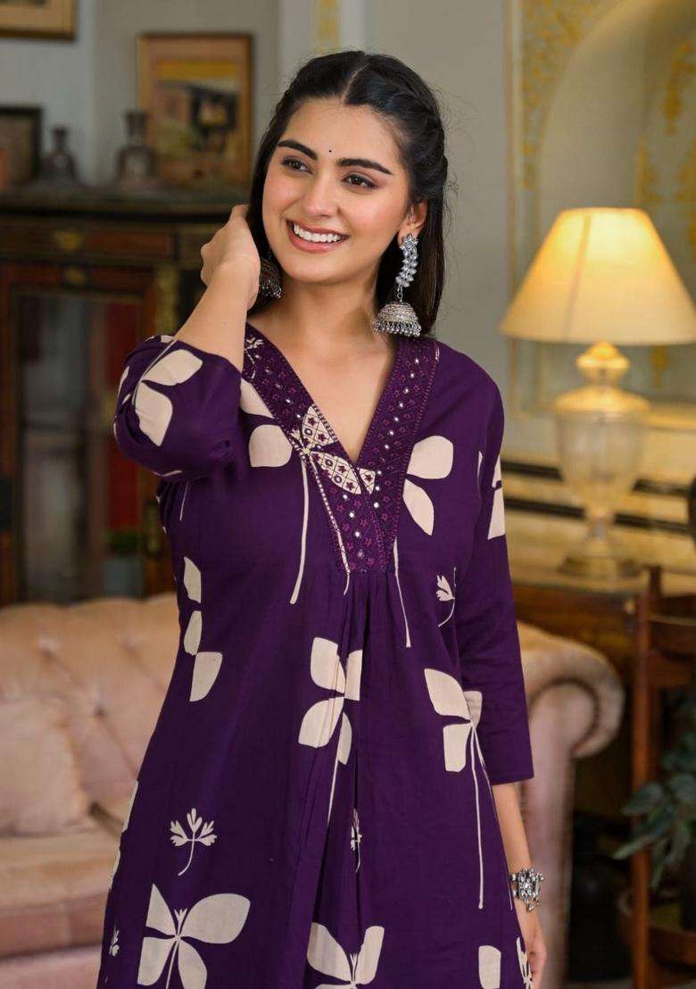 Violet Embroidery Cotton Co Ord Set - Indya