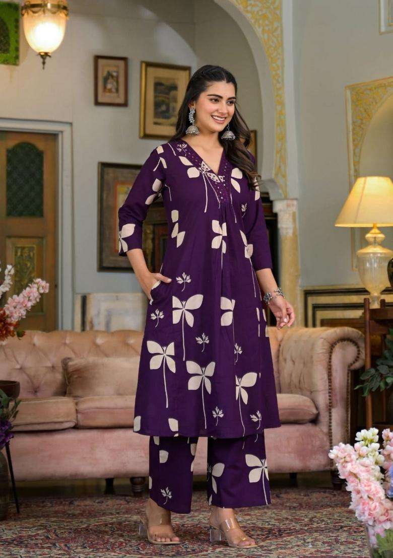 Violet Embroidery Cotton Co Ord Set - Indya