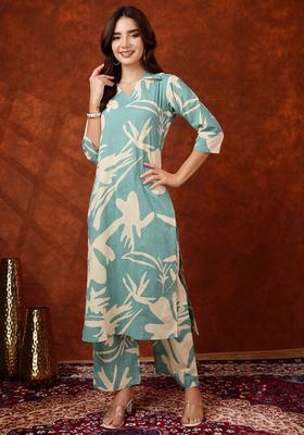 Turquoise Embroidery Cotton Co Ord Set