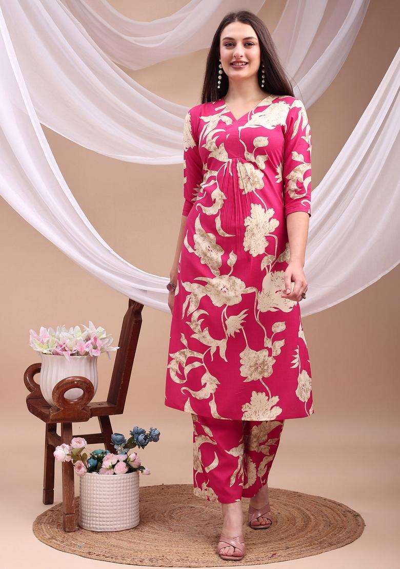 Pink Embroidery Rayon Co Ord Set - Indya