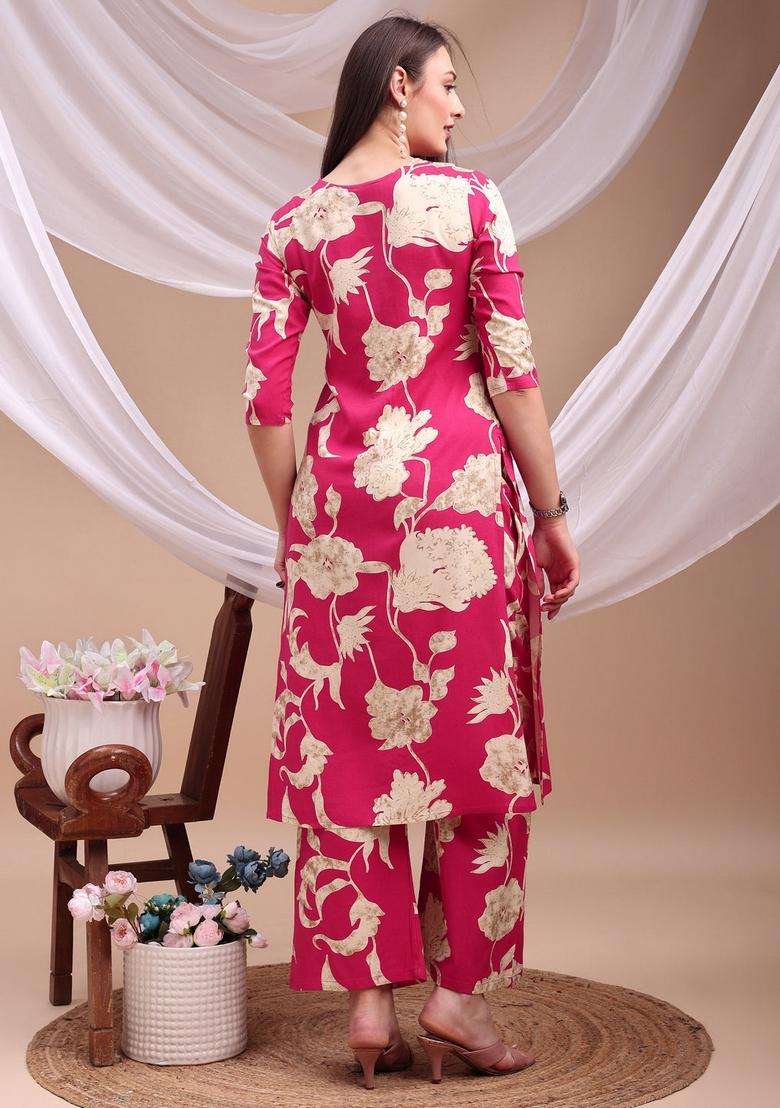 Pink Embroidery Rayon Co Ord Set - Indya
