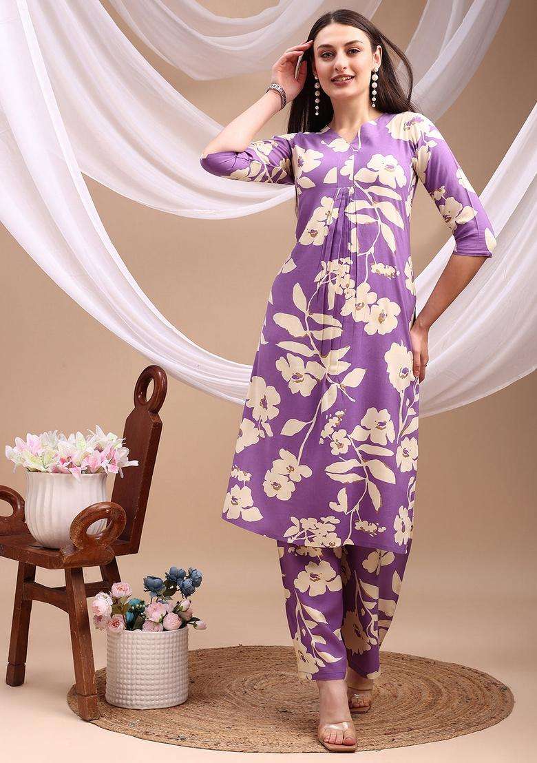 Lavender Embroidery Rayon Co Ord Set - Indya