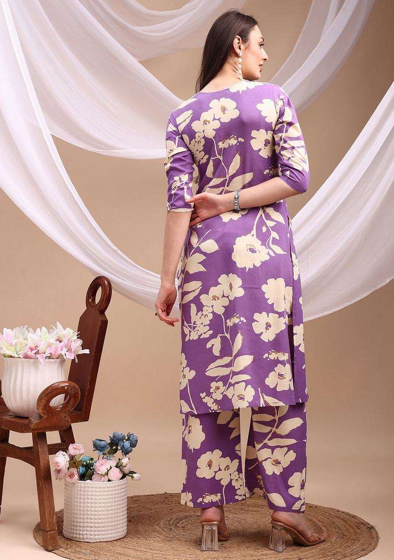 Lavender Embroidery Rayon Co Ord Set - Indya