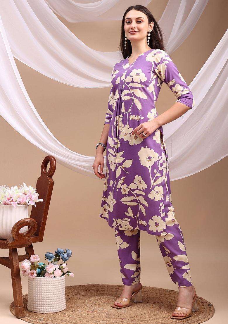 Lavender Embroidery Rayon Co Ord Set - Indya