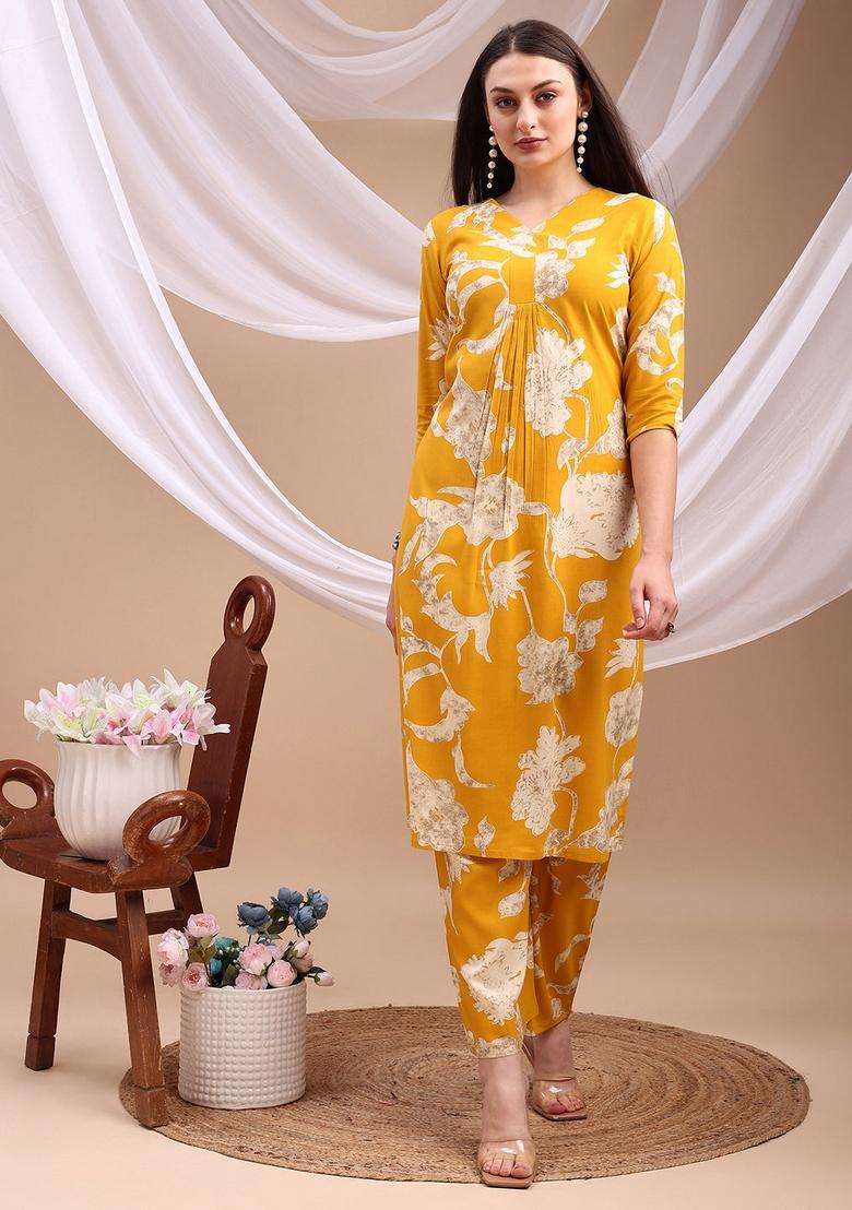 Yellow Embroidery Rayon Co Ord Set - Indya