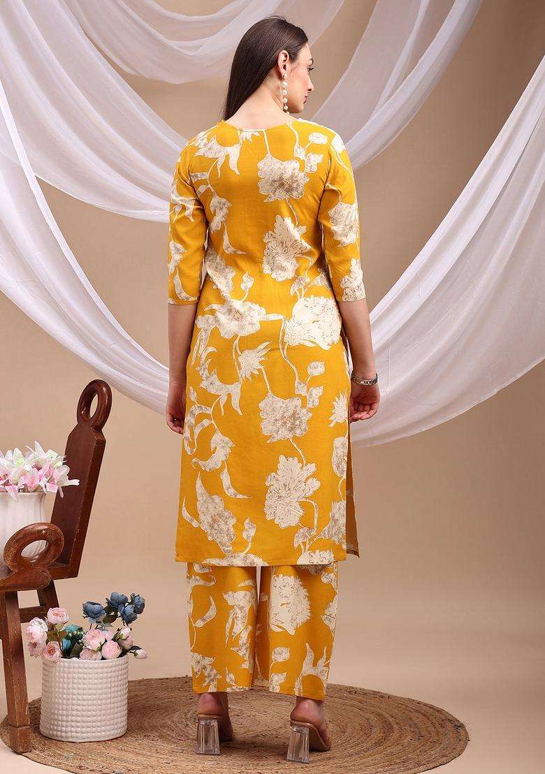 Yellow Embroidery Rayon Co Ord Set - Indya