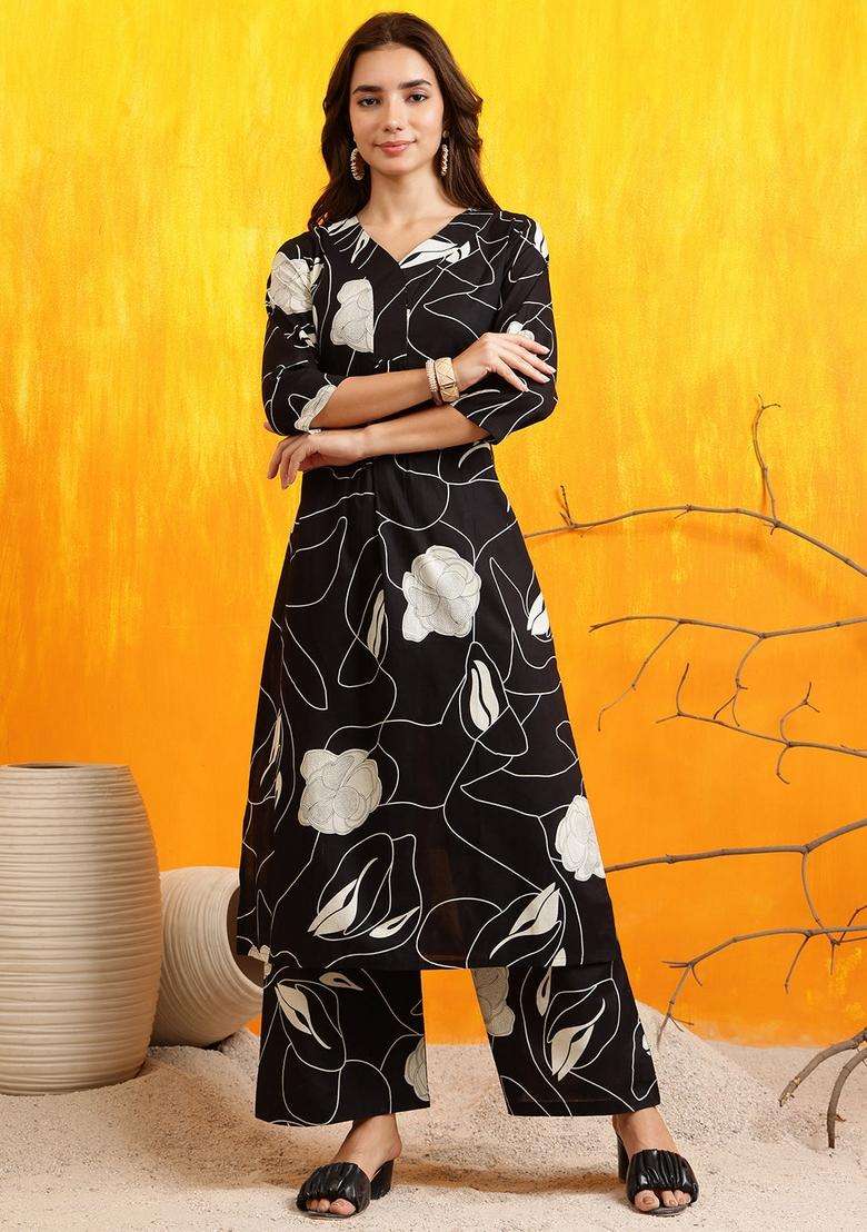 Black Embroidery Cotton Co Ord Set - Indya