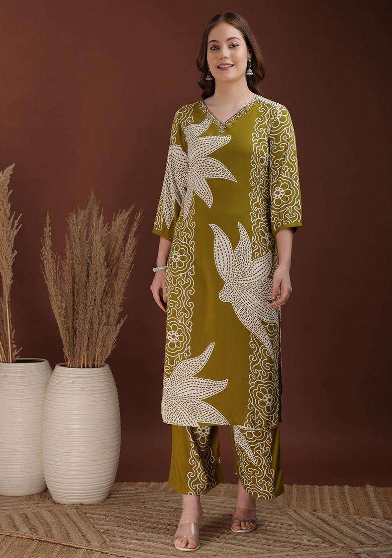 Olive Embroidery Rayon Co Ord Set - Indya
