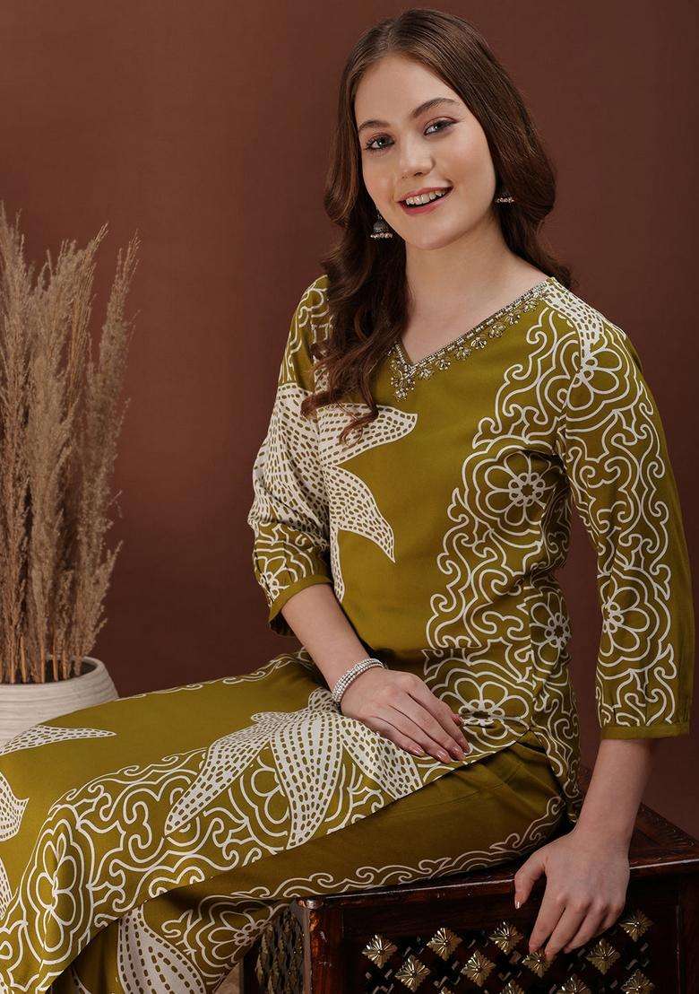 Olive Embroidery Rayon Co Ord Set - Indya