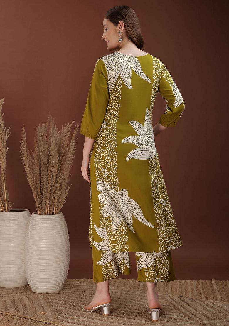 Olive Embroidery Rayon Co Ord Set - Indya