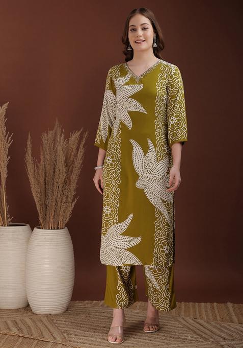 Olive Embroidery Rayon Co Ord Set