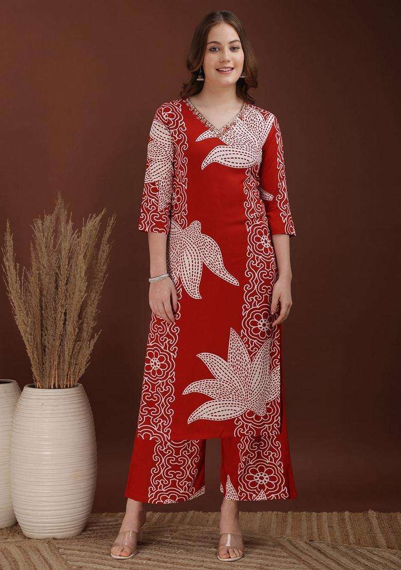 Rust Embroidery Rayon Co Ord Set - Indya