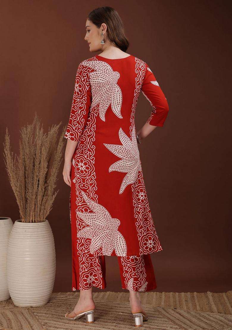 Rust Embroidery Rayon Co Ord Set - Indya