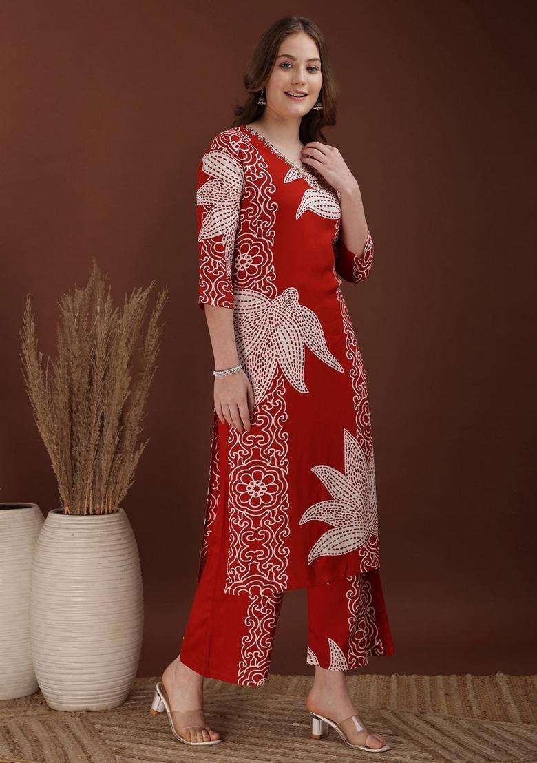 Rust Embroidery Rayon Co Ord Set - Indya