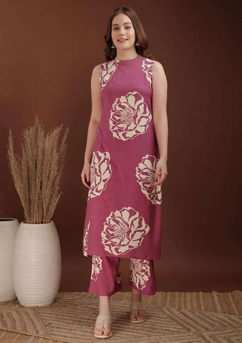 Pink Embroidery Rayon Co Ord Set - Indya
