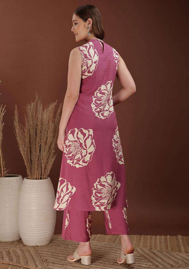 Pink Embroidery Rayon Co Ord Set - Indya