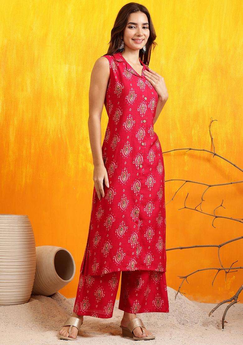 Pink Embroidery Silk Co Ord Set - Indya