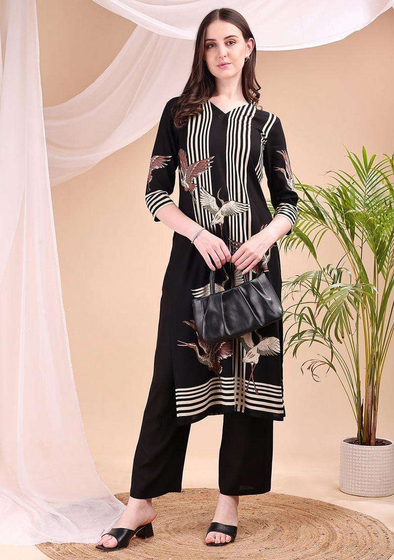 Black Embroidery Rayon Co Ord Set - Indya