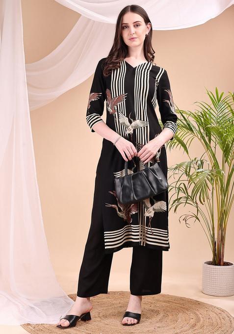 Black Embroidery Rayon Co Ord Set