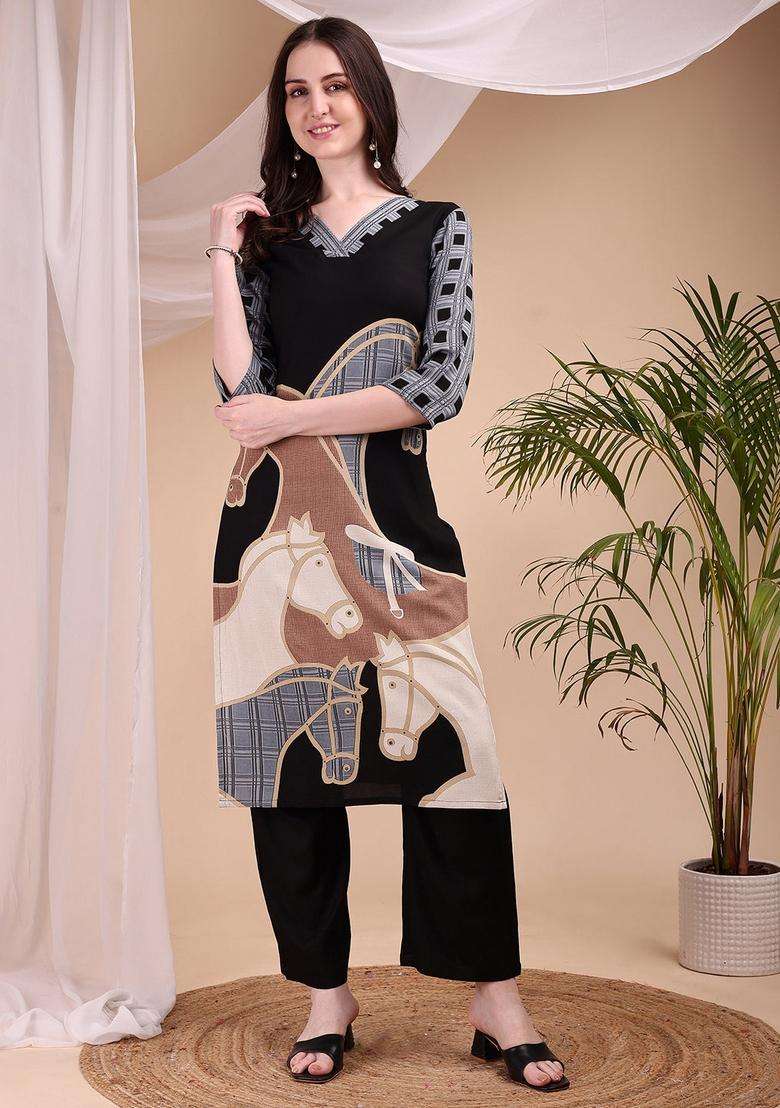 Black Embroidery Rayon Co Ord Set - Indya