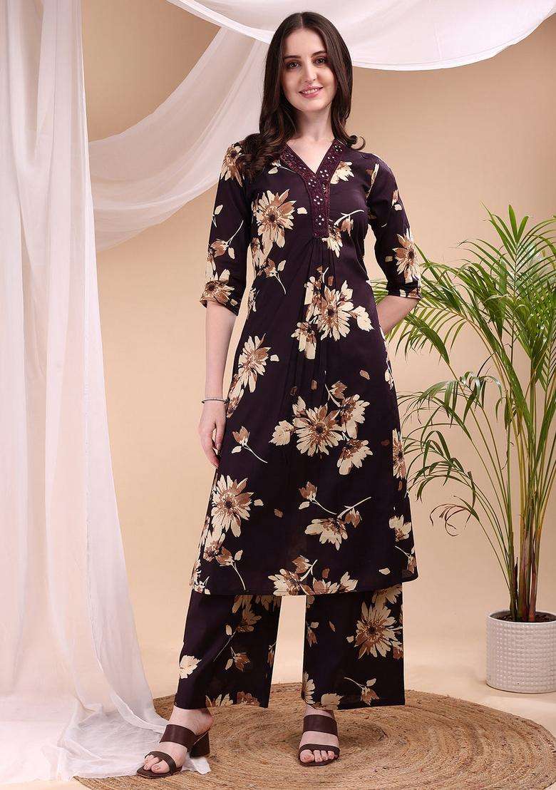 Wine Embroidery Cotton Co Ord Set - Indya