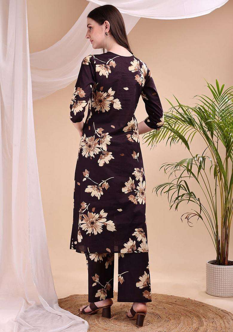Wine Embroidery Cotton Co Ord Set - Indya
