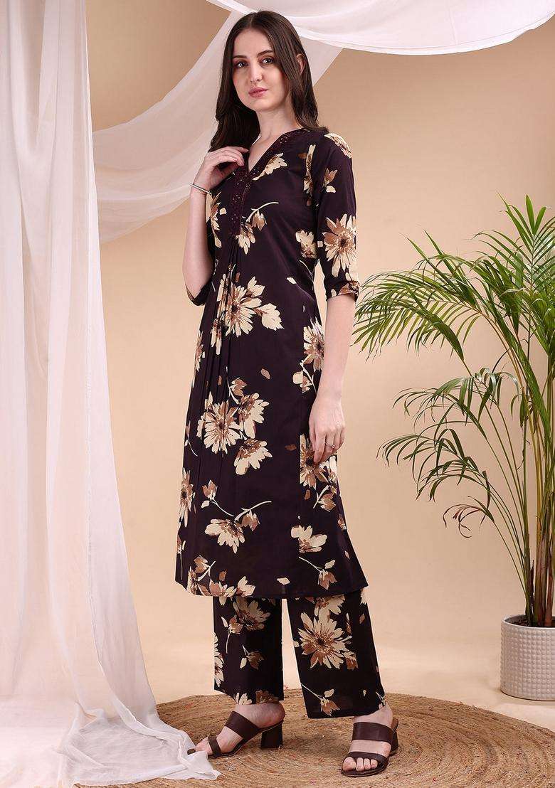 Wine Embroidery Cotton Co Ord Set - Indya