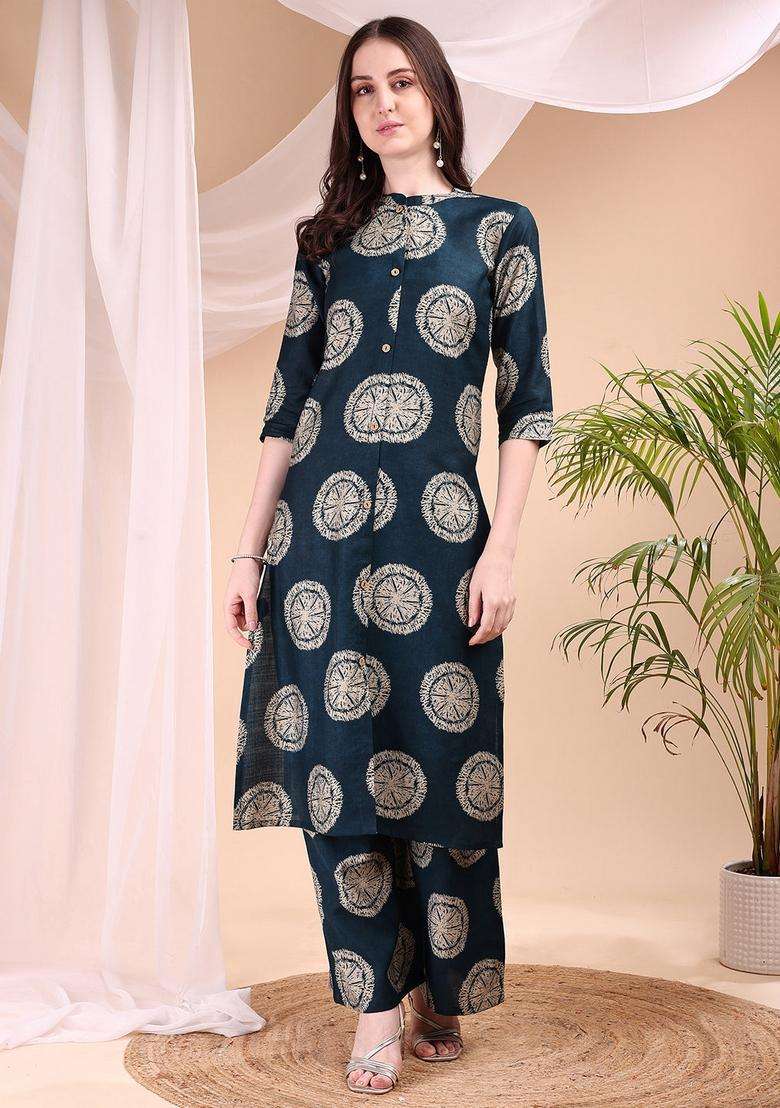 Teal Embroidery Silk Co Ord Set - Indya