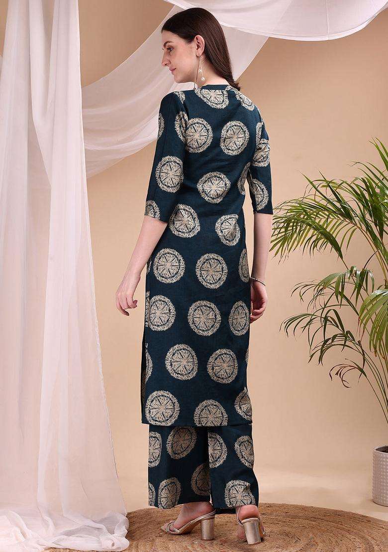 Teal Embroidery Silk Co Ord Set - Indya