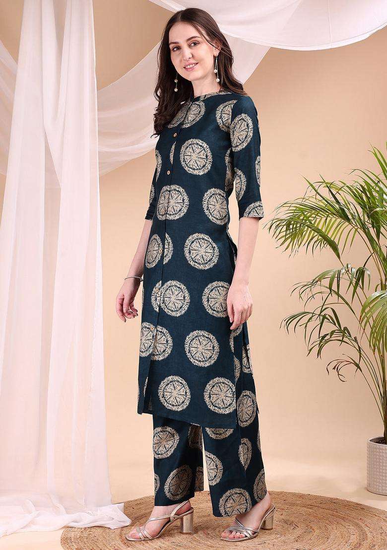 Teal Embroidery Silk Co Ord Set - Indya