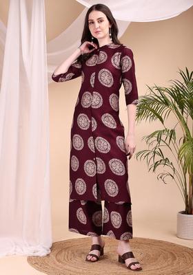 Wine Embroidery Silk Co Ord Set