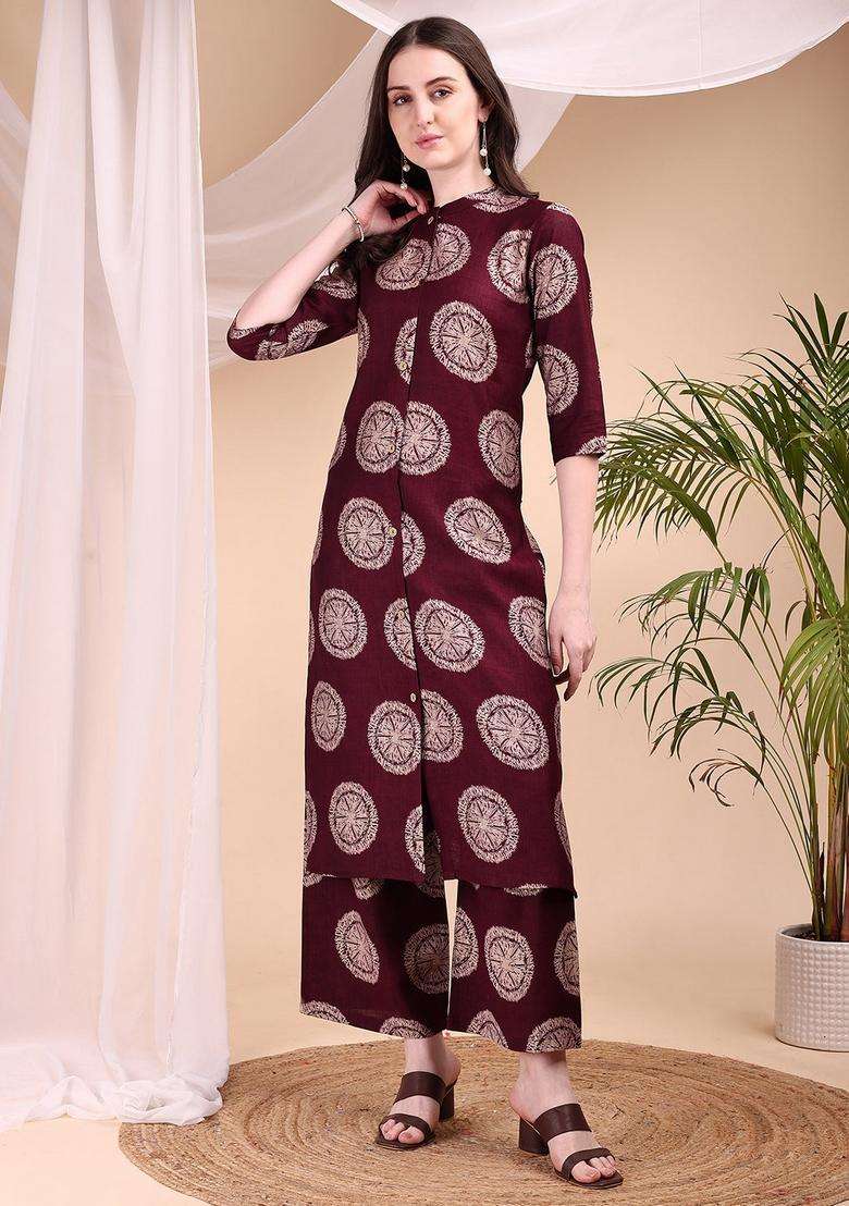 Wine Embroidery Silk Co Ord Set - Indya