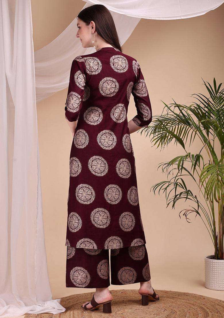 Wine Embroidery Silk Co Ord Set - Indya