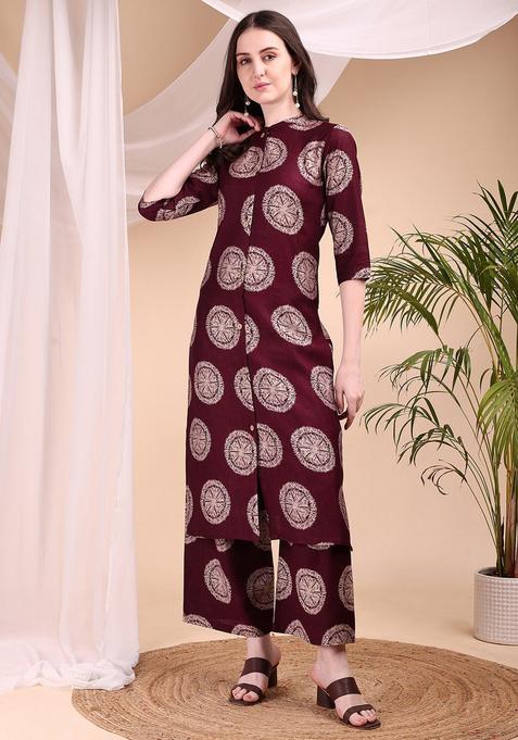 Wine Embroidery Silk Co Ord Set