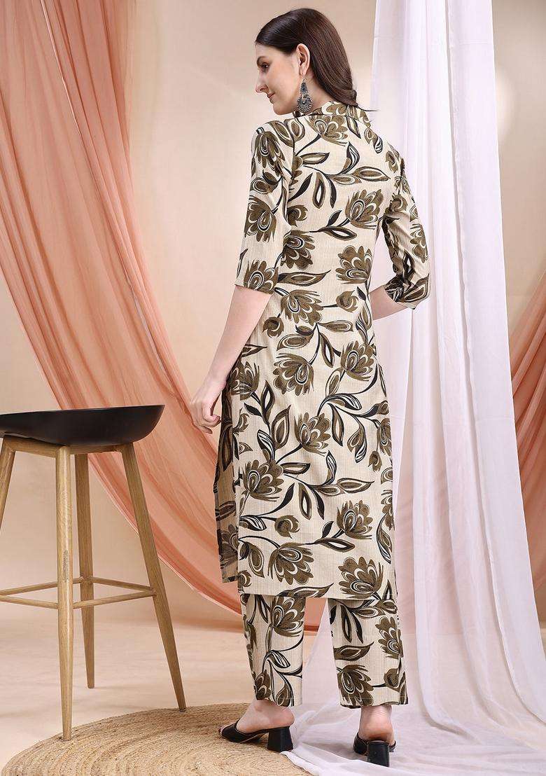Beige Embroidery Silk Co Ord Set - Indya