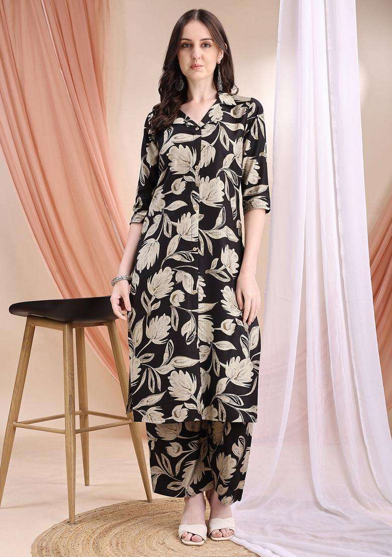 Black Embroidery Silk Co Ord Set - Indya