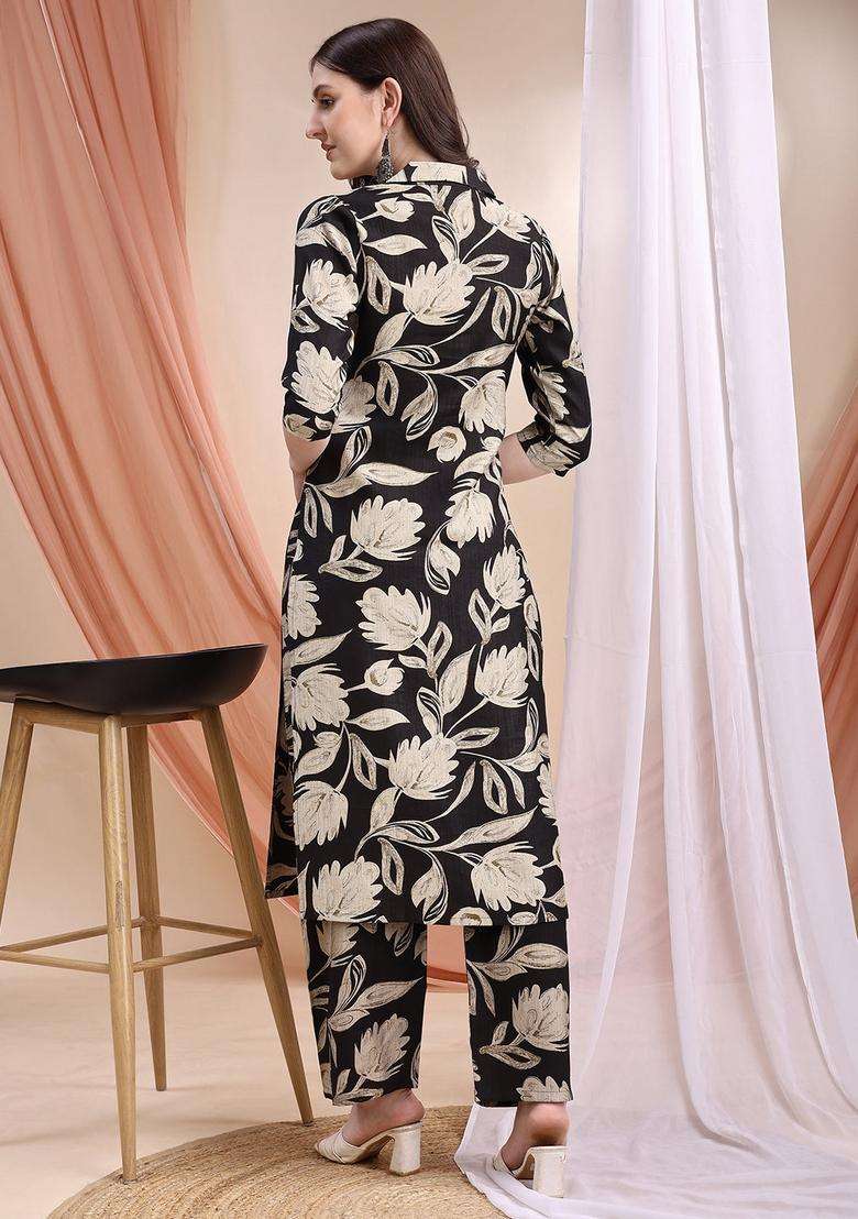Black Embroidery Silk Co Ord Set - Indya
