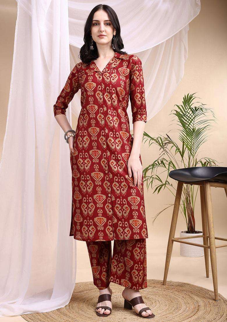 Maroon Embroidery Silk Co Ord Set - Indya