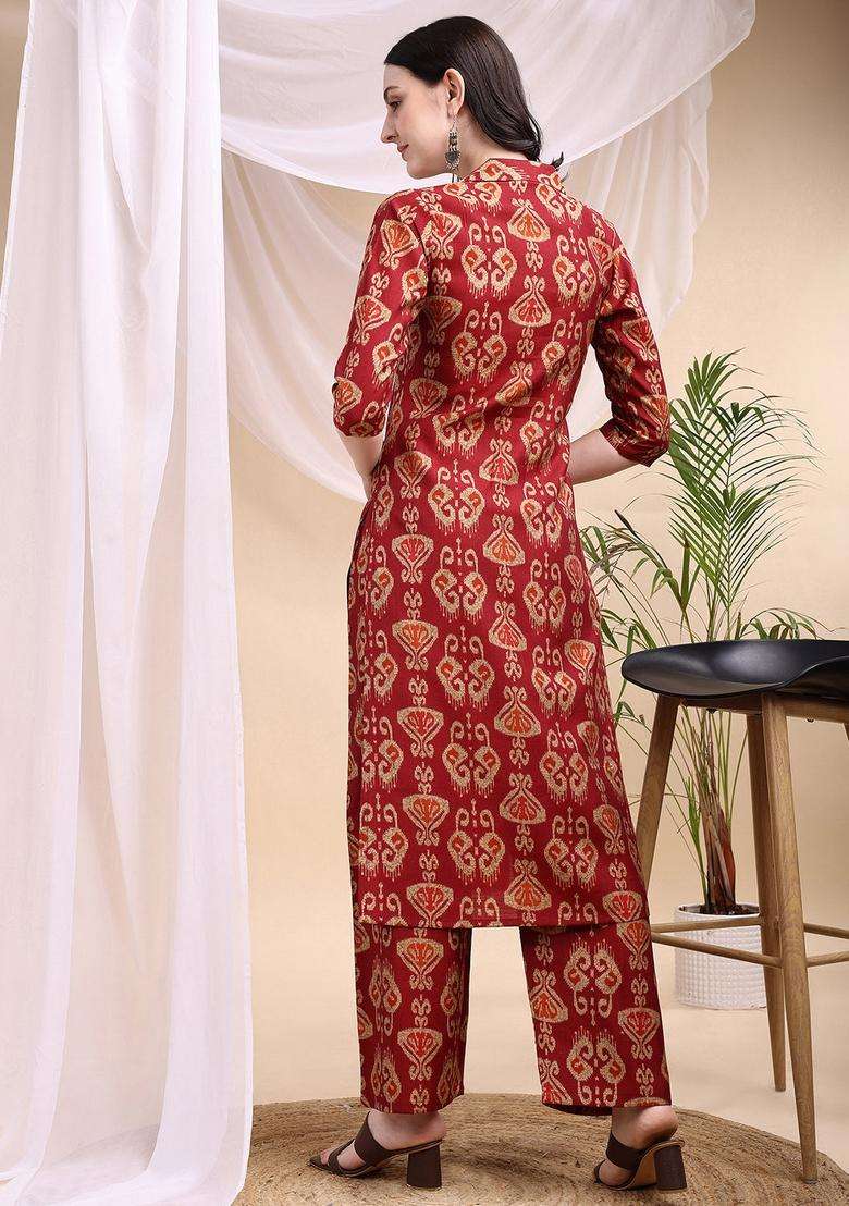 Maroon Embroidery Silk Co Ord Set - Indya