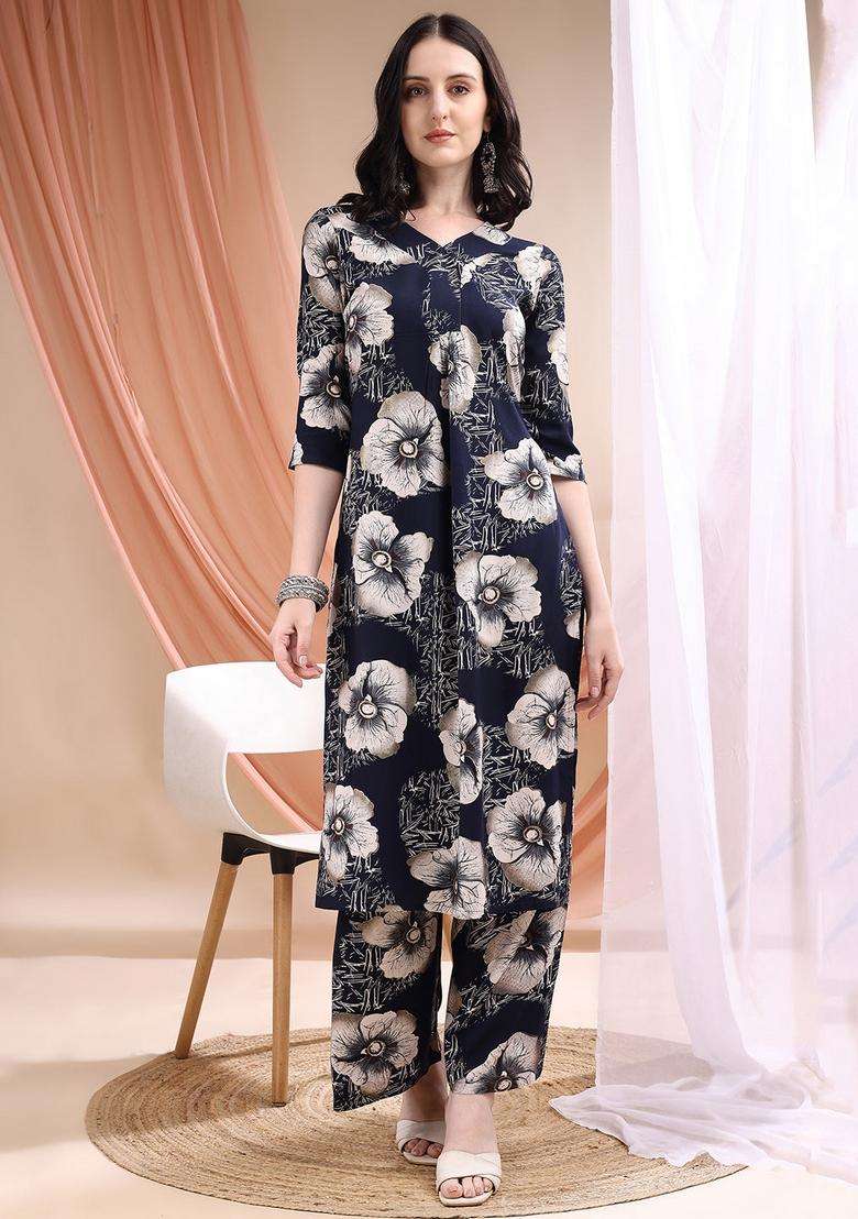 Navy Blue Embroidery Rayon Co Ord Set - Indya