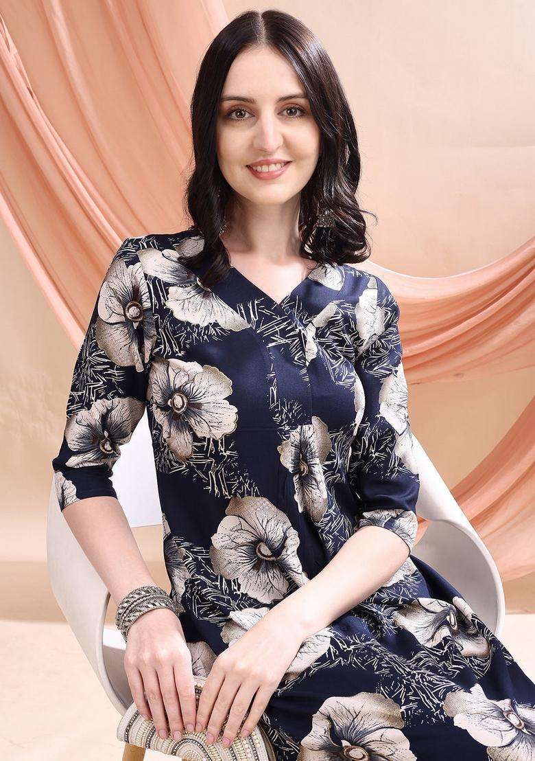 Navy Blue Embroidery Rayon Co Ord Set - Indya