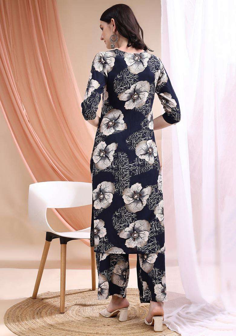 Navy Blue Embroidery Rayon Co Ord Set - Indya