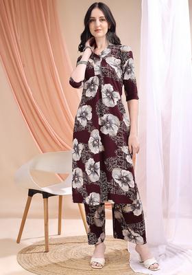 Wine Embroidery Rayon Co Ord Set