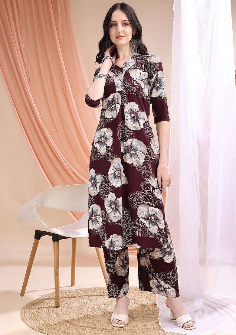 Wine Embroidery Rayon Co Ord Set - Indya