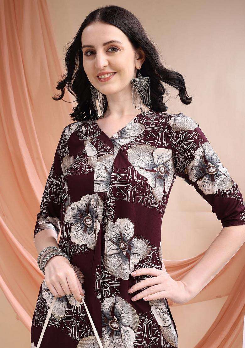 Wine Embroidery Rayon Co Ord Set - Indya