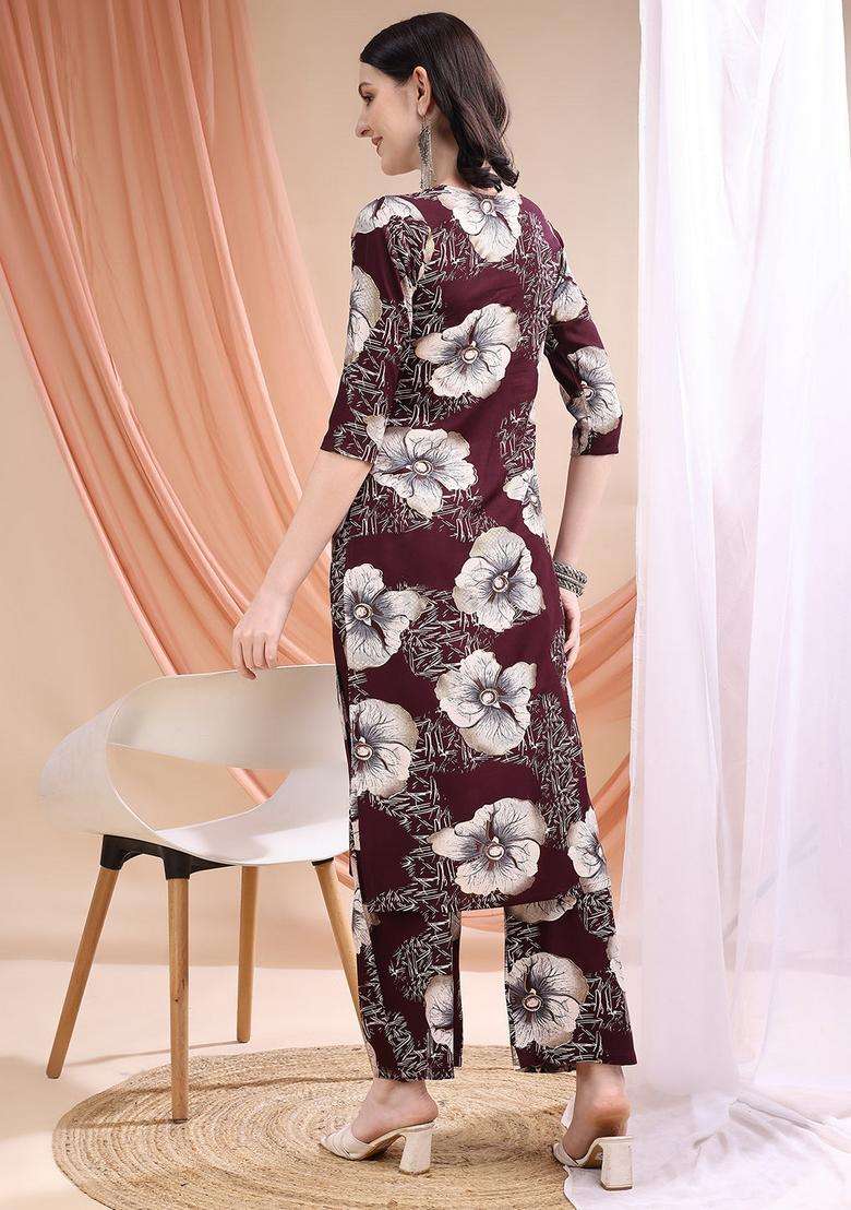 Wine Embroidery Rayon Co Ord Set - Indya