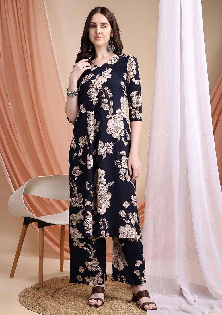 Navy Blue Embroidery Rayon Co Ord Set - Indya