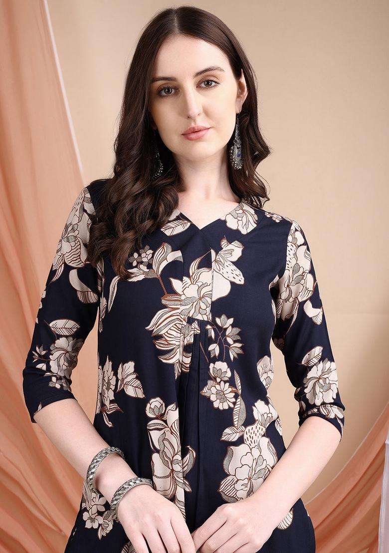 Navy Blue Embroidery Rayon Co Ord Set - Indya